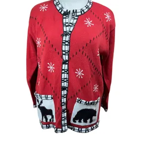 Photo of Storybook Knits Cardigan Sweater Womens 1X Vtg Winter Lodge Red Moose Bear Plaid