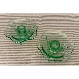 Photo of Antique Fostoria #2394 Green Uranium Glass 3-Toed Candlesticks Pair 1928-39