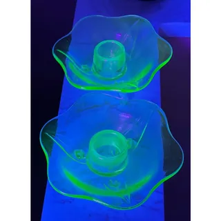 Photo of Antique Fostoria #2394 Green Uranium Glass 3-Toed Candlesticks Pair 1928-39