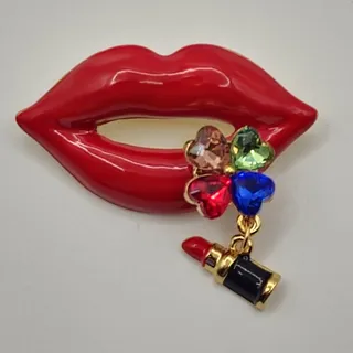 Photo of Enamel Red Lips W / Colorful Heart Faux Jewels & Lipstick Dangle Charm Make-up