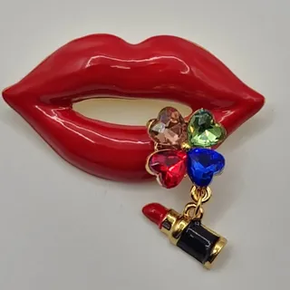 Photo of Enamel Red Lips W / Colorful Heart Faux Jewels & Lipstick Dangle Charm Make-up