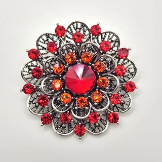 Photo of Round Double Layer Flower Brooch Reds and Oranges Faux Jewels