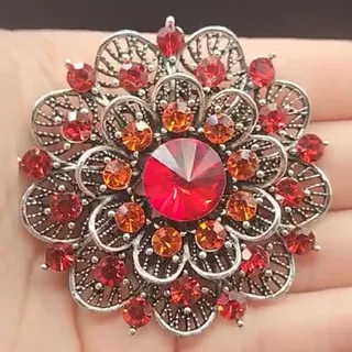 Photo of Round Double Layer Flower Brooch Reds and Oranges Faux Jewels