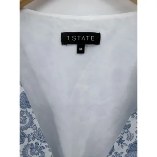 Photo of 1.State Blue White Paisley Tiered Ruffle Mini Dress Puff Sleeve Tie Waist Medium