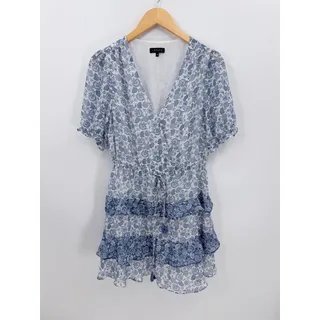 Photo of 1.State Blue White Paisley Tiered Ruffle Mini Dress Puff Sleeve Tie Waist Medium