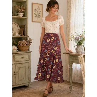Photo of Olivia James The Label Lila Skirt Women's L Anemone Raspberry Floral Tiered Midi
