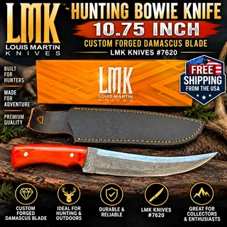 Photo of Hunting Bowie Knife 10.75 Inch Custom Forged Damascus Blade LMK Knives #7620