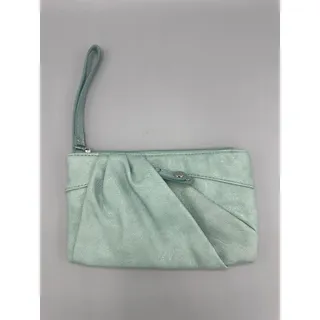 Photo of ELLE Mint Green Wristlet Pouch Pleated Faux Leather Polka Dot Lining 8.5x5 GUC