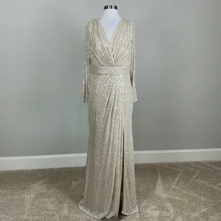 Photo of Mac Duggal 26490 Silver Evening Gown Sequined Long Sleeve Column Dress Size 12