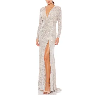 Photo of Mac Duggal 26490 Silver Evening Gown Sequined Long Sleeve Column Dress Size 12