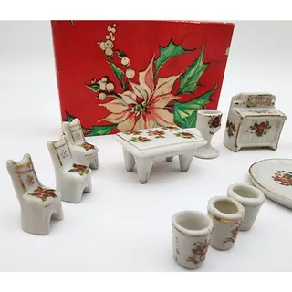 Photo of Vintage Porcelain Miniature Dollhouse Furniture Set 19pc Floral 22K Gold Japan