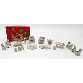 Photo of Vintage Porcelain Miniature Dollhouse Furniture Set 19pc Floral 22K Gold Japan