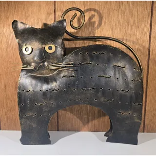 Photo of Metal Cat Candle Holder Lantern Black Gold Pierced Folk Art Indonesia 11"