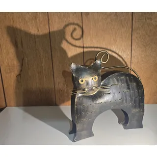 Photo of Metal Cat Candle Holder Lantern Black Gold Pierced Folk Art Indonesia 11"