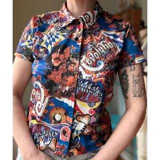 Photo of Vintage 90s Psychedelic Beatles Print Shirt | Pop Art Graphic Button Up | S/M
