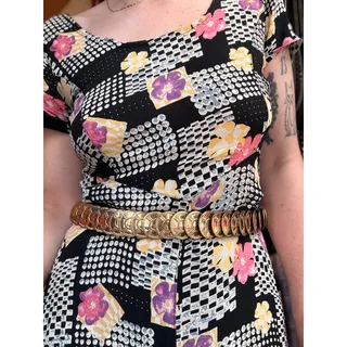 Photo of Vintage 80s Gold Disc Belt | Embossed Coin Stretch Waist Belt | Made in USA | 27–40”