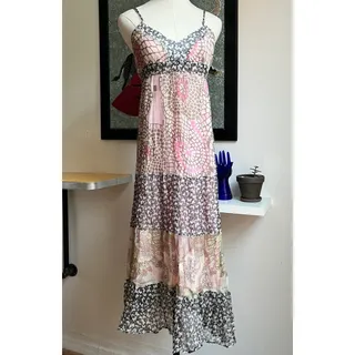 Photo of Y2K Patchwork Slip Maxi Dress | Boho Tiered Chiffon | Pink Floral Paisley | M