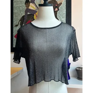 Photo of Y2K Sheer Black Shimmer Mesh Top | Metallic Short Sleeve Tee | M/L