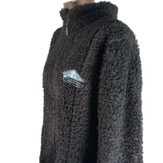Photo of J JILL Faux Sherpa Jacket Women's Size Medium Black Zipper Ski Resort Logo