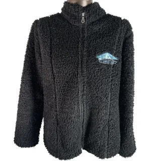 Photo of J JILL Faux Sherpa Jacket Women's Size Medium Black Zipper Ski Resort Logo