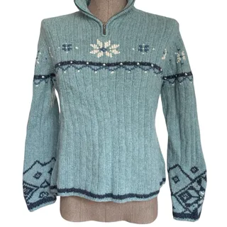 Photo of Lands End 100% Wool 1/4 Zip Sweater Women's Size Petite Medium Blue Fair Isle