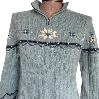 Photo of Lands End 100% Wool 1/4 Zip Sweater Women's Size Petite Medium Blue Fair Isle