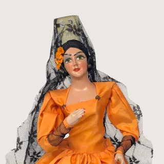 Photo of Vintage Spanish Senorita Doll in Orange Dress and Black Lace Mantilla