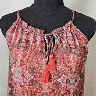 Photo of LUCKY BRAND Orange/Red Print Tassel Hi- Low Sundress Dress XS EUC