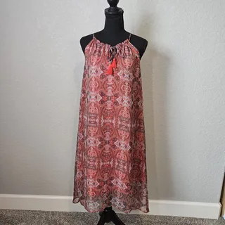 Photo of LUCKY BRAND Orange/Red Print Tassel Hi- Low Sundress Dress XS EUC
