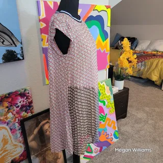 Photo of Dr2 Pink Black Blue Geometric Print Pleated Mini Dress Size Small A line EUC