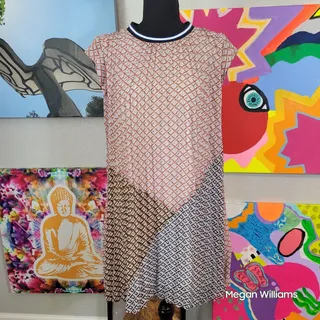 Photo of Dr2 Pink Black Blue Geometric Print Pleated Mini Dress Size Small A line EUC