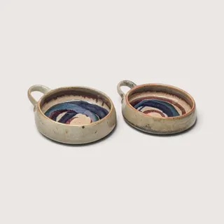 Photo of Set of 2 Vintage Handmade Stoneware Bowls with Swirls and Handles