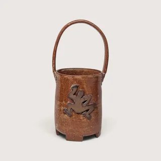 Photo of Vintage Handmade Stoneware Pottery Basket with Frog Motif