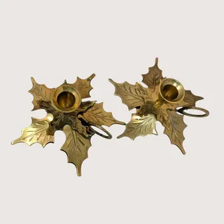 Photo of Vintage Brass Leaf Candlestick Holder Set