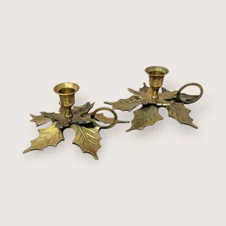 Photo of Vintage Brass Leaf Candlestick Holder Set