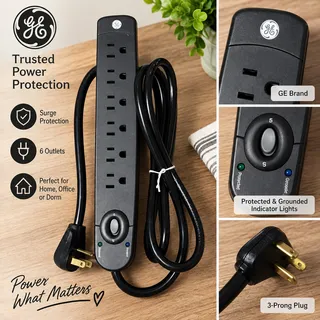Photo of GE 6-Outlet Surge Protector Power Strip with Long Cord & Indicator Lights Black
