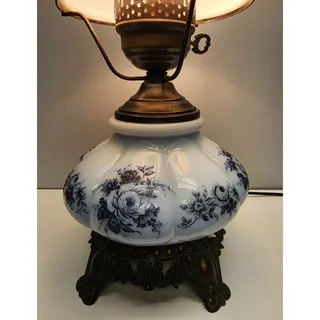 Photo of Vintage 22" Hurricane Lamp, Floral Globe, Brass Base, Milk Glass Top, Key Switch