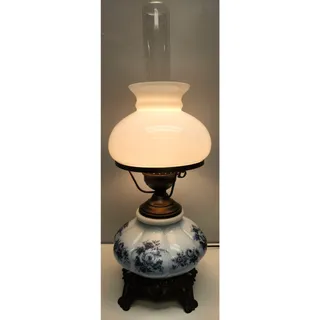 Photo of Vintage 22" Hurricane Lamp, Floral Globe, Brass Base, Milk Glass Top, Key Switch