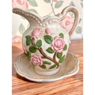 Photo of Vintage Ceramic Pitcher & Basin Pink Roses Raised Floral Cottagecore Decor