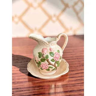 Photo of Vintage Ceramic Pitcher & Basin Pink Roses Raised Floral Cottagecore Decor
