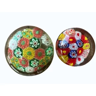 Photo of Vintage Millefiori Art Glass Paperweights - Set of 2 Colorful Flower Canes Dome