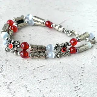 Photo of Red Siam Flourish - Gray Fiber Optic - Dark Silver Double Strand Bracelet