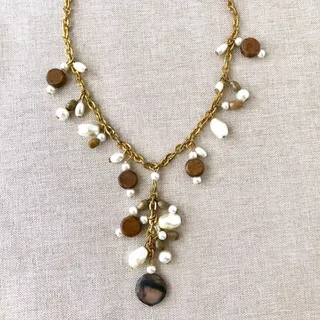 Photo of Brass Wood & Pearl Cluster Necklace