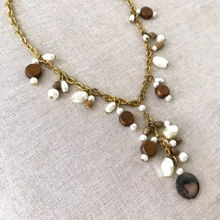 Photo of Brass Wood & Pearl Cluster Necklace