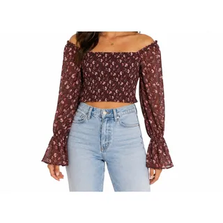 Photo of Wild Fable Maroon Floral Print Smocked Long Sleeve Boho Style Crop Top