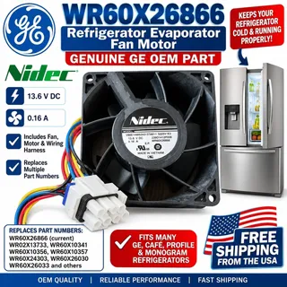 Photo of GE WR60X26866 OEM Refrigerator Evaporator Fan Motor. 239D1412P006