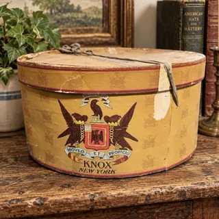 Photo of Vintage 1940s-50s Knox New York Hat Box Gold Cardboard Eagle Crest 14.75”