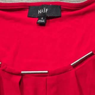 Photo of Naif Vibrant Red Silver Bar Accented Pleated Neckline Sleeveless Blouse
