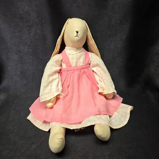 Photo of Vintage Folk Art Handmade Stitched Cloth Bunny Rabbit Pink Dress 21" Doll