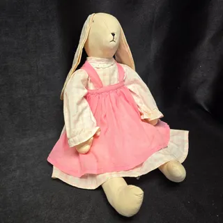 Photo of Vintage Folk Art Handmade Stitched Cloth Bunny Rabbit Pink Dress 21" Doll